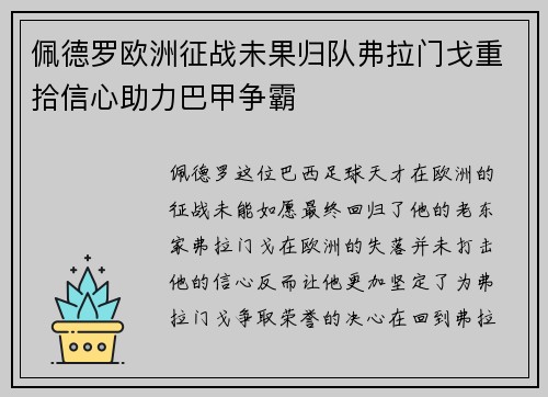 佩德罗欧洲征战未果归队弗拉门戈重拾信心助力巴甲争霸 佩德罗欧洲征战未果归队弗拉门戈重拾信心助力巴甲争霸